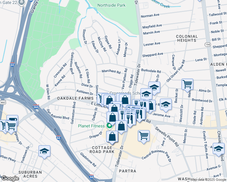 map of restaurants, bars, coffee shops, grocery stores, and more near 540 Dixie Drive in Norfolk