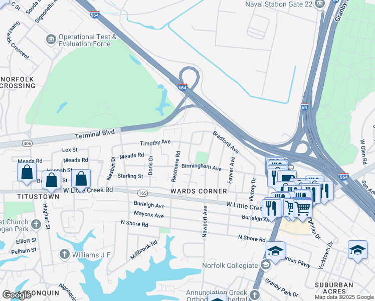 map of restaurants, bars, coffee shops, grocery stores, and more near 7723 Sheryl Drive in Norfolk