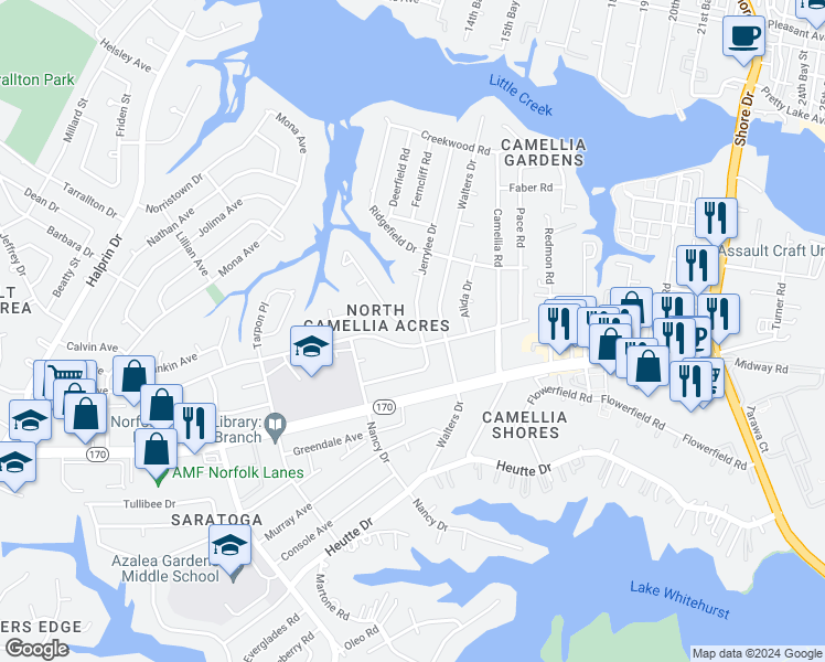 map of restaurants, bars, coffee shops, grocery stores, and more near 8017 Lynnbrook Drive in Norfolk