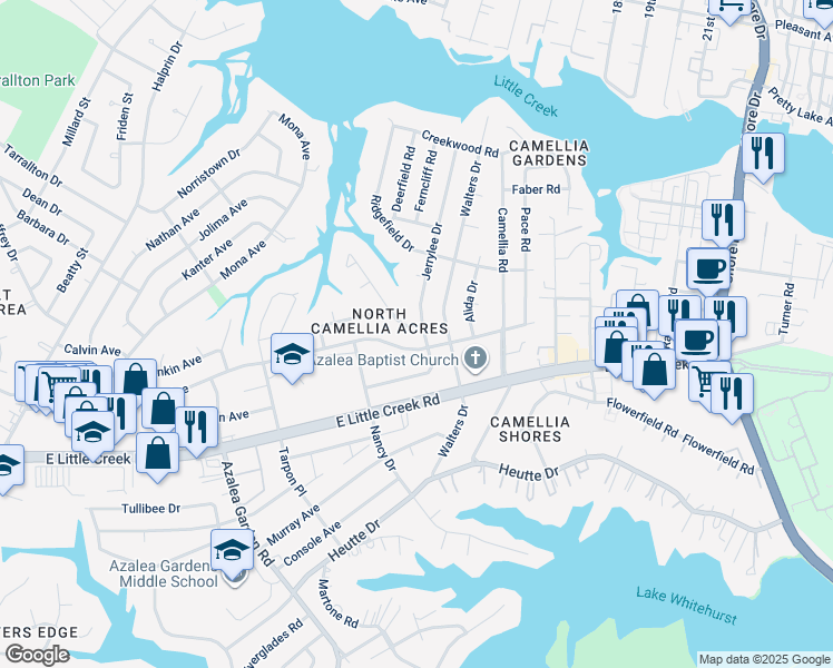 map of restaurants, bars, coffee shops, grocery stores, and more near 8017 Lynnbrook Drive in Norfolk