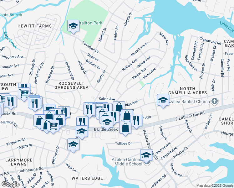 map of restaurants, bars, coffee shops, grocery stores, and more near 8117 Elsie Circle in Norfolk