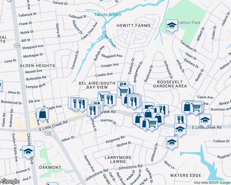 map of restaurants, bars, coffee shops, grocery stores, and more near 1649 Wapiti Avenue in Norfolk