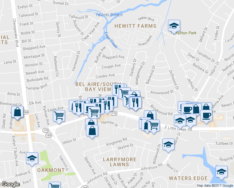 map of restaurants, bars, coffee shops, grocery stores, and more near 1649 Wapiti Avenue in Norfolk