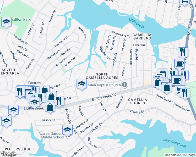map of restaurants, bars, coffee shops, grocery stores, and more near 2900 Dominion Avenue in Norfolk