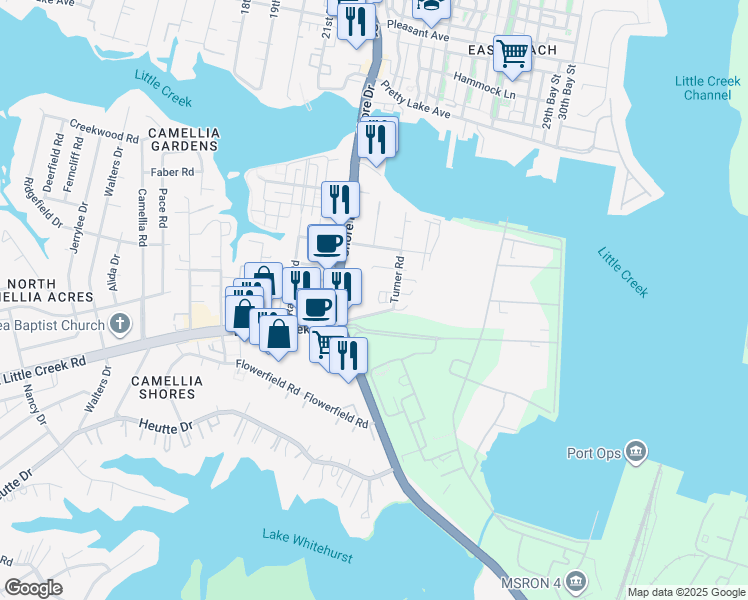 map of restaurants, bars, coffee shops, grocery stores, and more near 7921 Turner Road in Norfolk