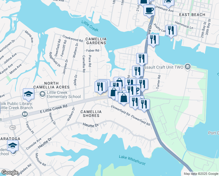 map of restaurants, bars, coffee shops, grocery stores, and more near 7940 Woodall Road in Norfolk