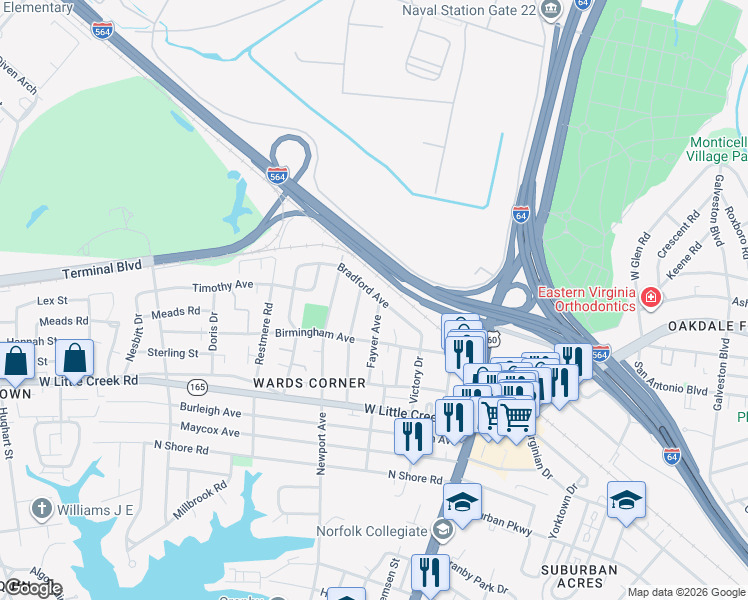 map of restaurants, bars, coffee shops, grocery stores, and more near 312 Bradford Avenue in Norfolk