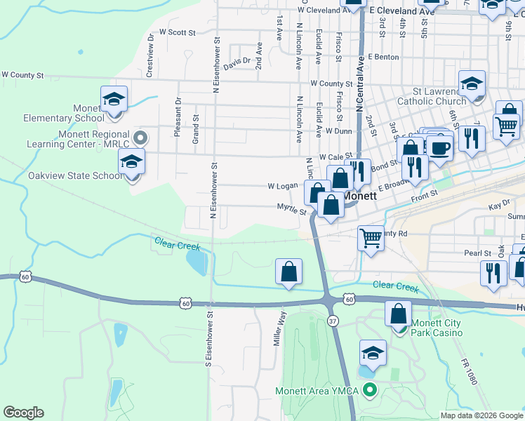 map of restaurants, bars, coffee shops, grocery stores, and more near 338-498 Myrtle St in Monett