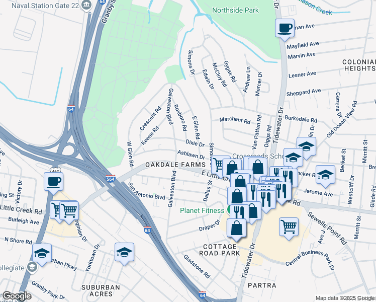map of restaurants, bars, coffee shops, grocery stores, and more near 408 Ashlawn Drive in Norfolk