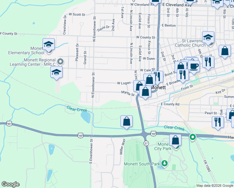 map of restaurants, bars, coffee shops, grocery stores, and more near 338-498 Myrtle St in Monett
