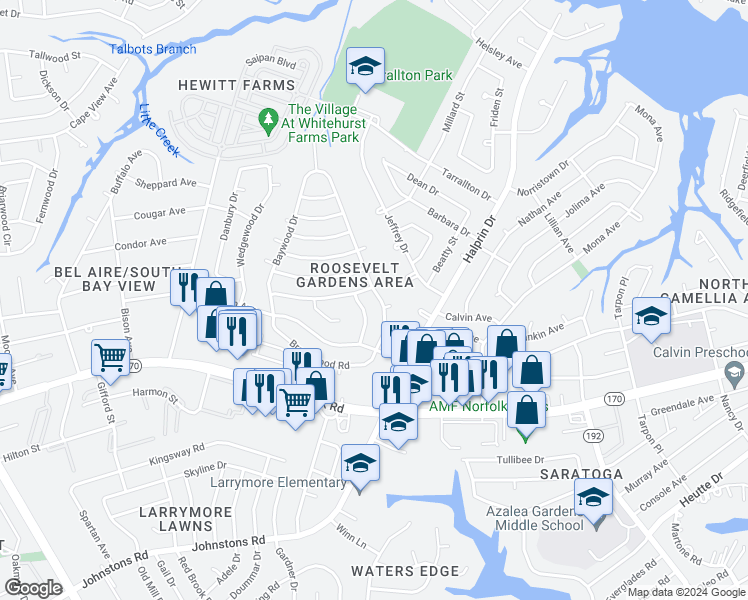 map of restaurants, bars, coffee shops, grocery stores, and more near 8069 Driftwood Drive in Norfolk