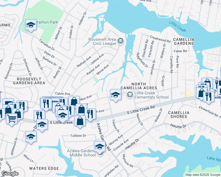 map of restaurants, bars, coffee shops, grocery stores, and more near 8029 Tarpon Place in Norfolk