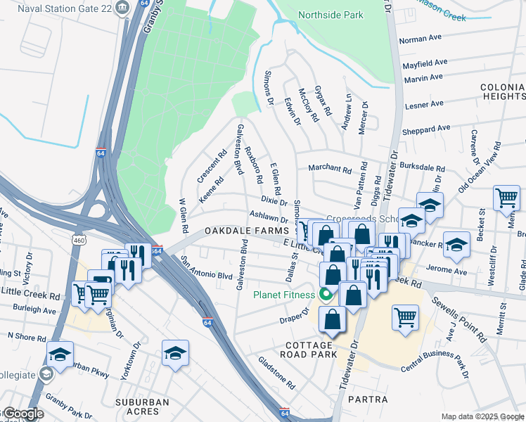 map of restaurants, bars, coffee shops, grocery stores, and more near 408 Ashlawn Drive in Norfolk
