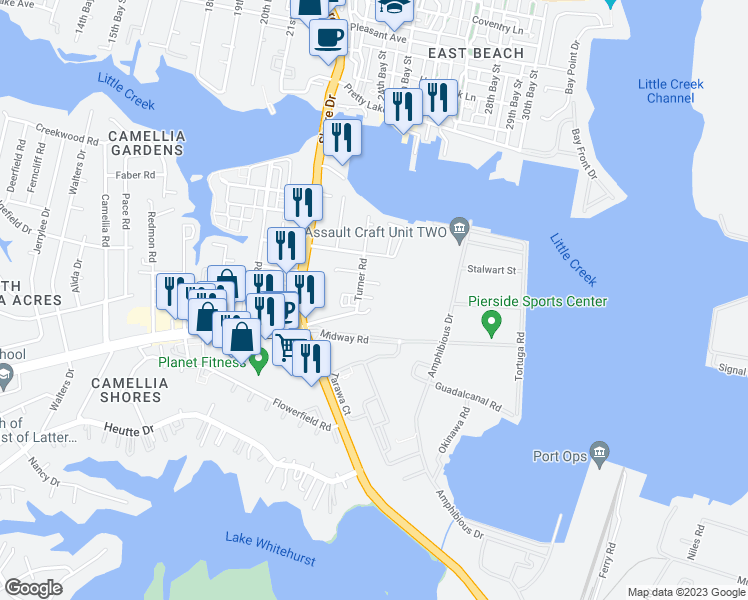 map of restaurants, bars, coffee shops, grocery stores, and more near 7910 Turner Road in Norfolk