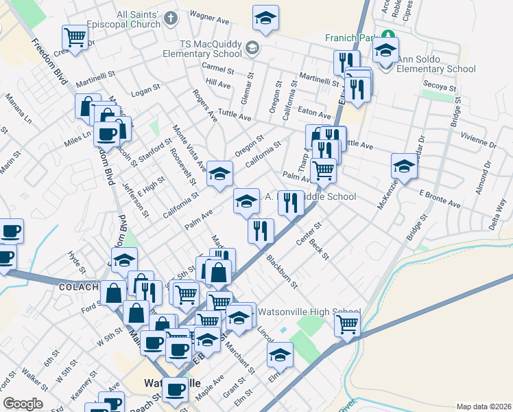 map of restaurants, bars, coffee shops, grocery stores, and more near 206 Brewington Avenue in Watsonville