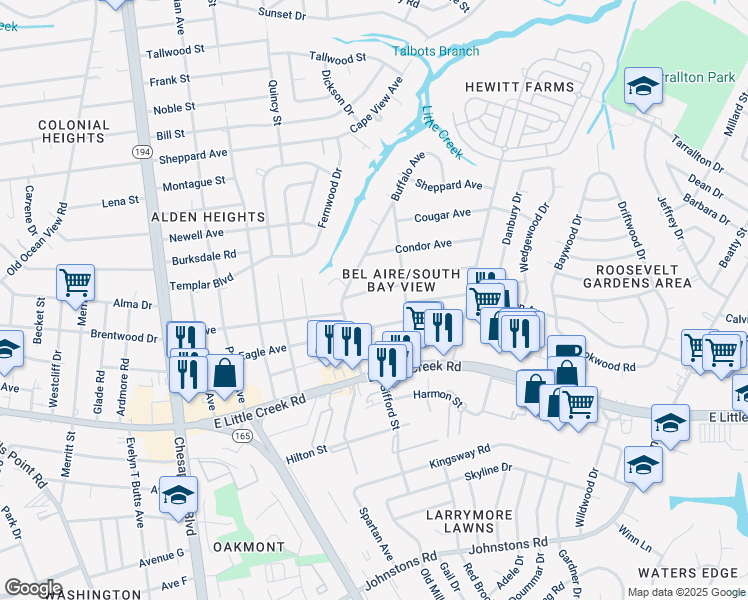 map of restaurants, bars, coffee shops, grocery stores, and more near 1529 Crane Avenue in Norfolk