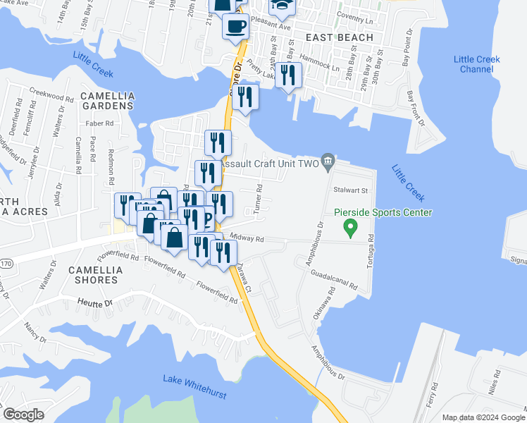 map of restaurants, bars, coffee shops, grocery stores, and more near 7918 Turner Road in Norfolk