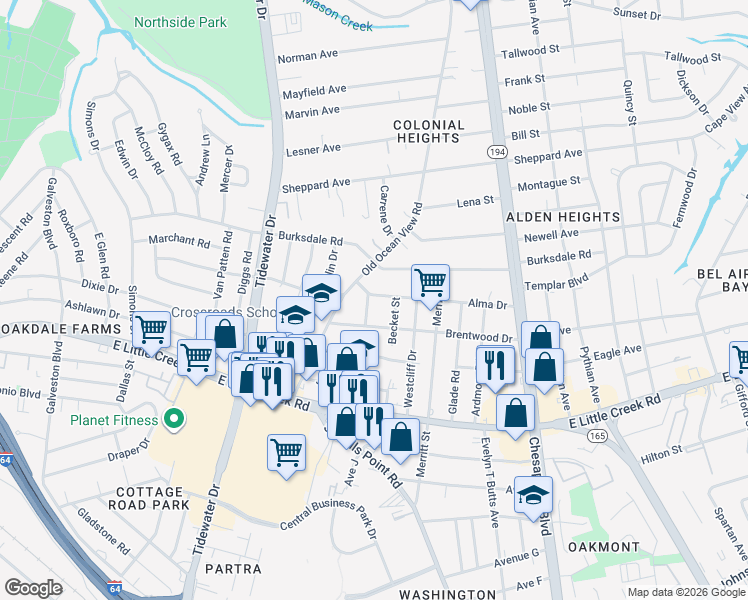 map of restaurants, bars, coffee shops, grocery stores, and more near 832 Alma Drive in Norfolk