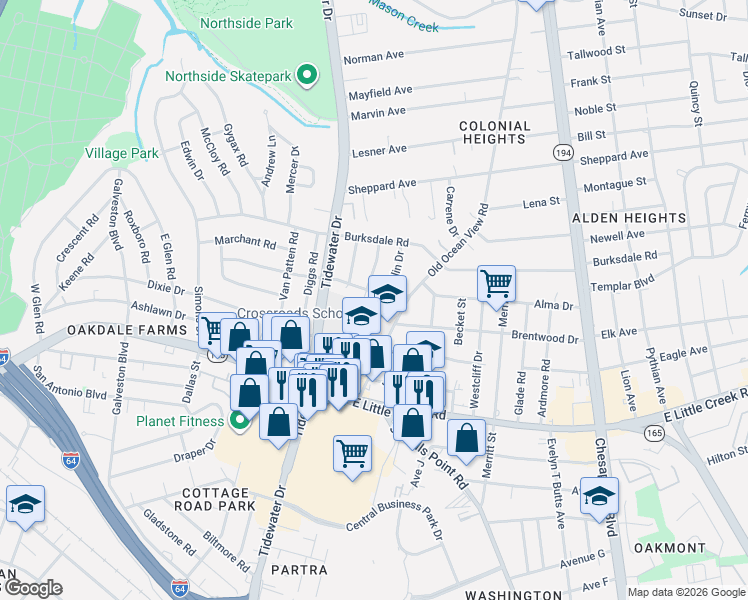 map of restaurants, bars, coffee shops, grocery stores, and more near 8101 Colin Drive in Norfolk