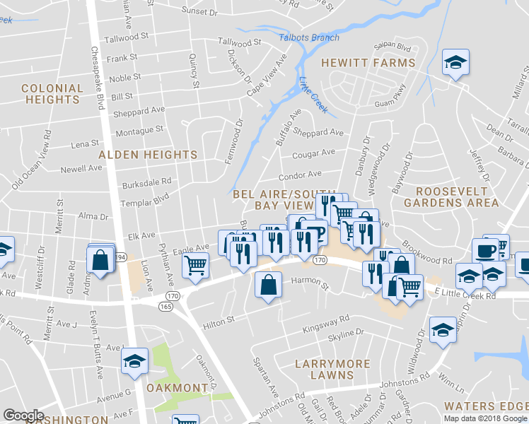 map of restaurants, bars, coffee shops, grocery stores, and more near 1529 Crane Avenue in Norfolk