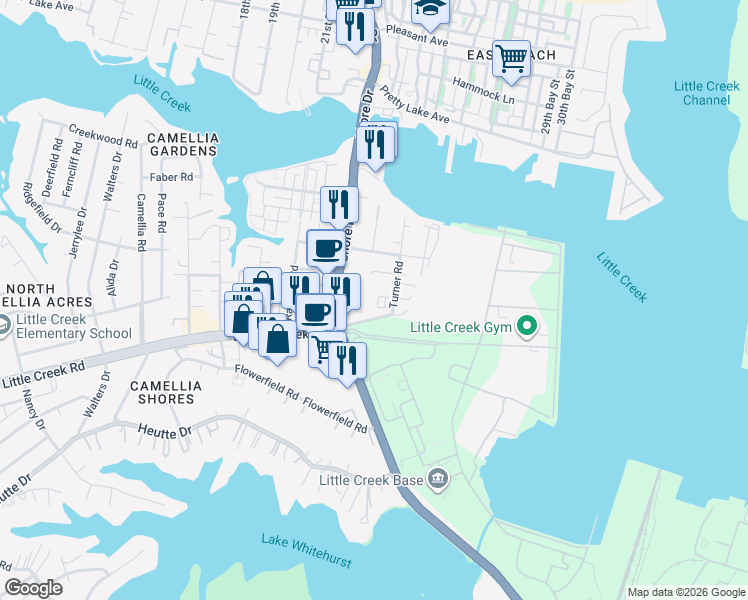map of restaurants, bars, coffee shops, grocery stores, and more near 7921 Turner Road in Norfolk