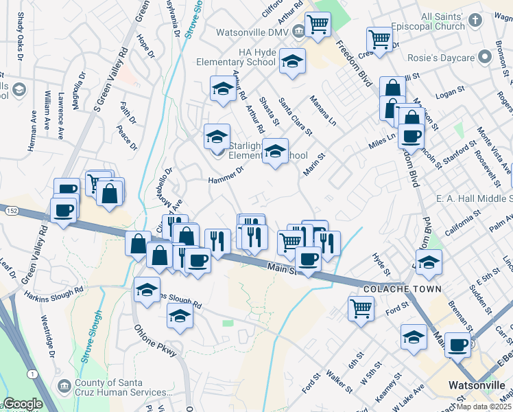 map of restaurants, bars, coffee shops, grocery stores, and more near 490 Auto Center Drive in Watsonville
