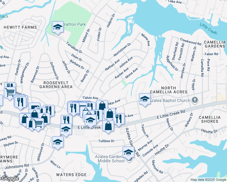 map of restaurants, bars, coffee shops, grocery stores, and more near 8204 Mona Avenue in Norfolk