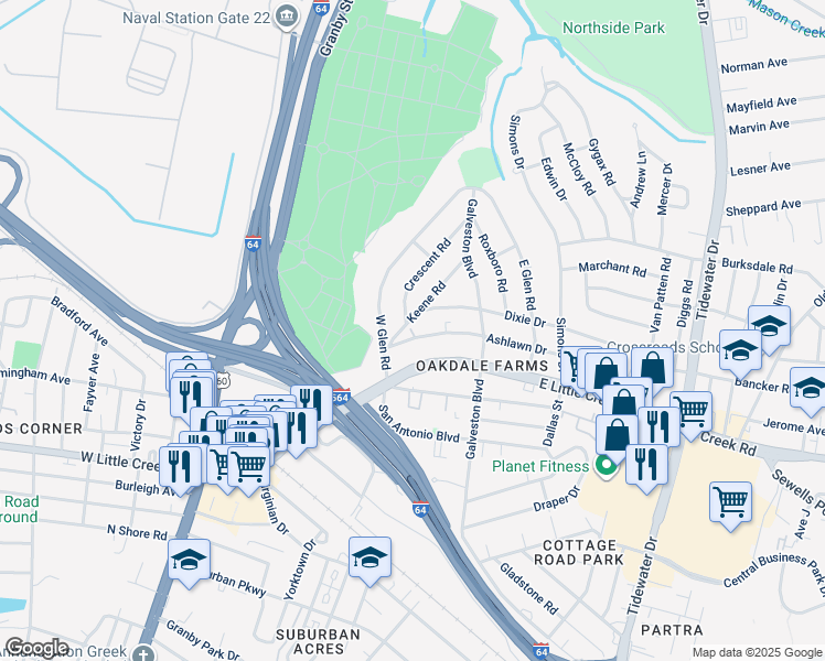 map of restaurants, bars, coffee shops, grocery stores, and more near 7934 Keene Road in Norfolk