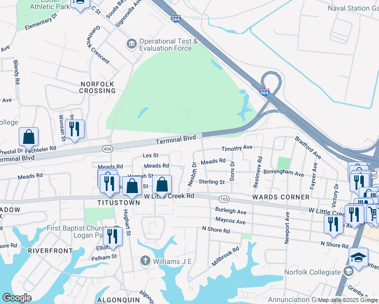 map of restaurants, bars, coffee shops, grocery stores, and more near 604 Timothy Avenue in Norfolk