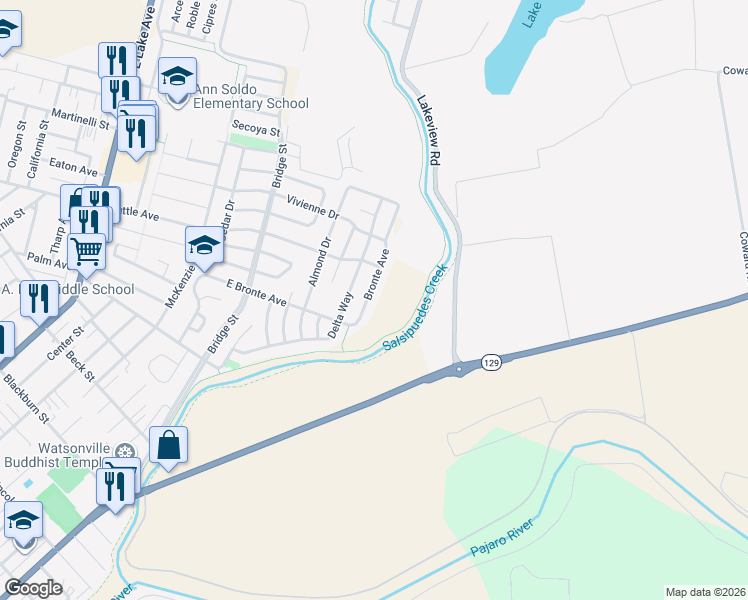 map of restaurants, bars, coffee shops, grocery stores, and more near 764 Bronte Avenue in Watsonville