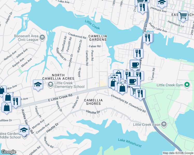 map of restaurants, bars, coffee shops, grocery stores, and more near 8000 Pace Road in Norfolk