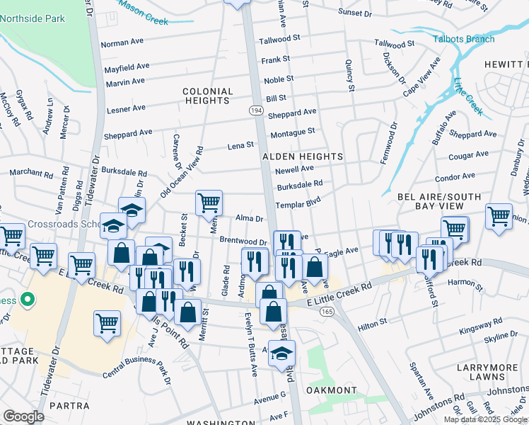 map of restaurants, bars, coffee shops, grocery stores, and more near 8107 Chesapeake Boulevard in Norfolk