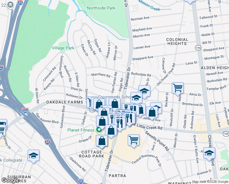 map of restaurants, bars, coffee shops, grocery stores, and more near 578 McFarland Road in Norfolk