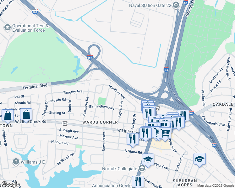 map of restaurants, bars, coffee shops, grocery stores, and more near 7716 Gloucester Avenue in Norfolk