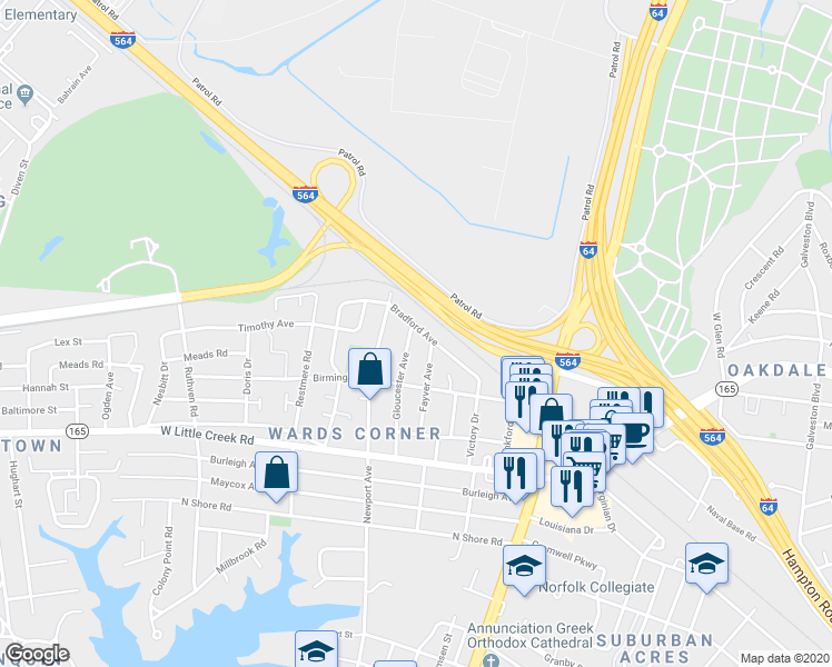 map of restaurants, bars, coffee shops, grocery stores, and more near 7716 Gloucester Avenue in Norfolk