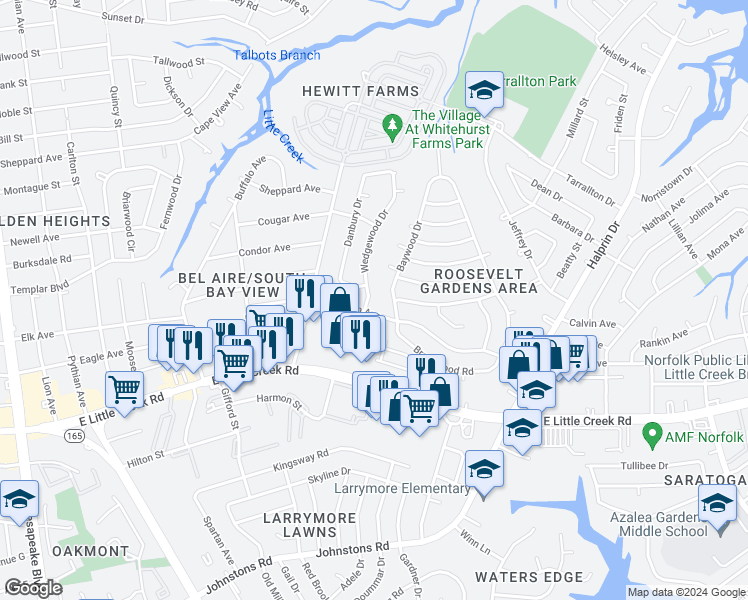 map of restaurants, bars, coffee shops, grocery stores, and more near 8008 Wedgewood Drive in Norfolk