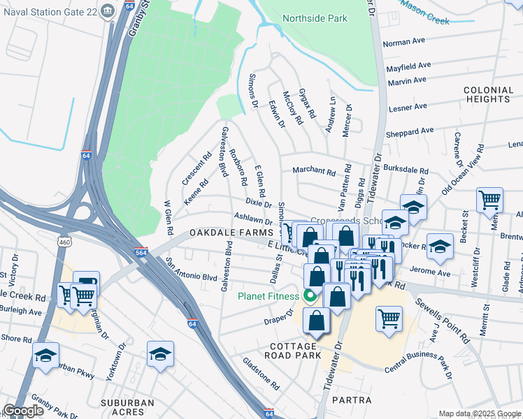 map of restaurants, bars, coffee shops, grocery stores, and more near 417 Dixie Drive in Norfolk