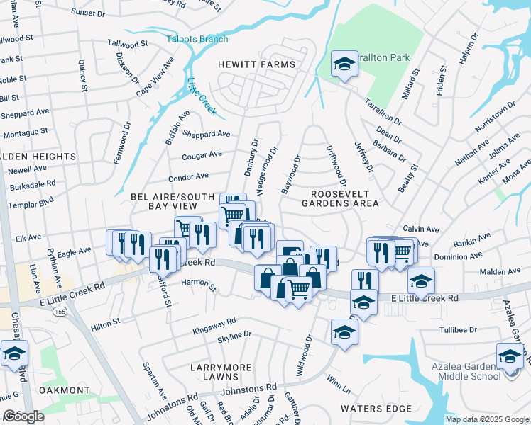 map of restaurants, bars, coffee shops, grocery stores, and more near 8008 Wedgewood Drive in Norfolk
