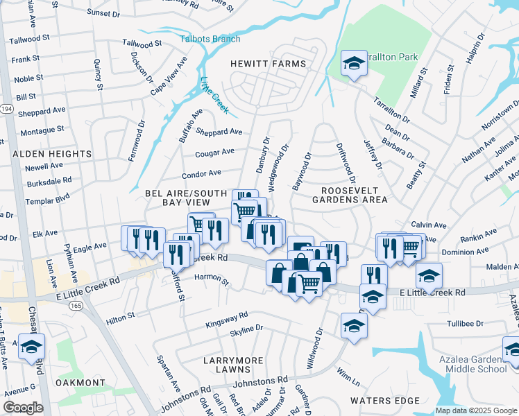 map of restaurants, bars, coffee shops, grocery stores, and more near 1732 Dominion Avenue in Norfolk