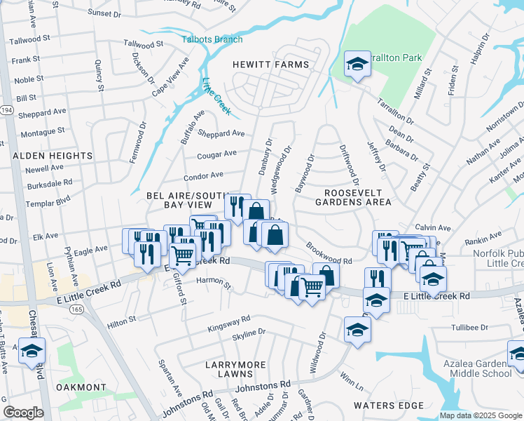map of restaurants, bars, coffee shops, grocery stores, and more near 1732 Dominion Avenue in Norfolk