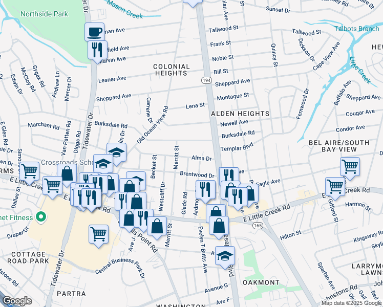 map of restaurants, bars, coffee shops, grocery stores, and more near 928 Alma Drive in Norfolk