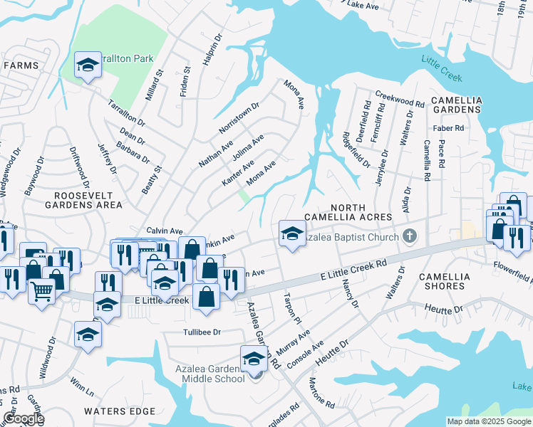 map of restaurants, bars, coffee shops, grocery stores, and more near 8029 Tarpon Place in Norfolk