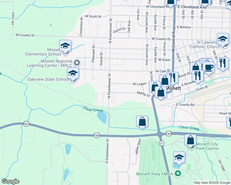 map of restaurants, bars, coffee shops, grocery stores, and more near 498 Myrtle St in Monett