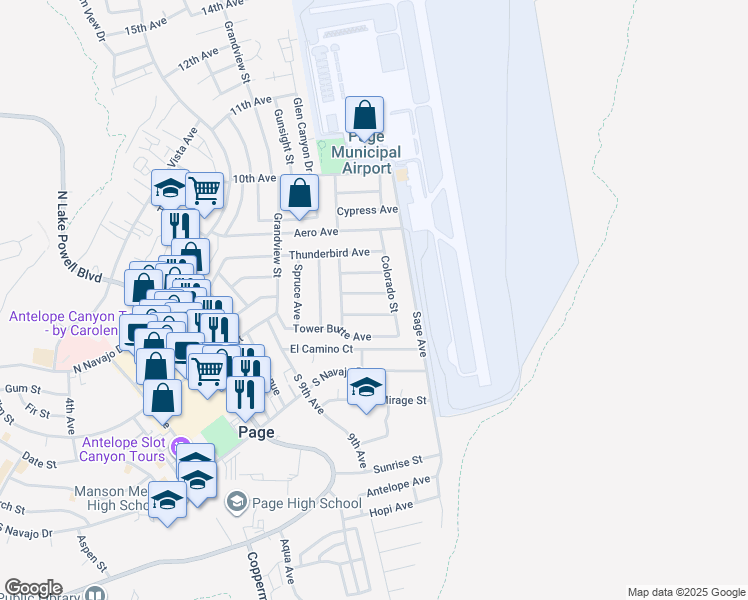 map of restaurants, bars, coffee shops, grocery stores, and more near 849 Colorado Street in Page