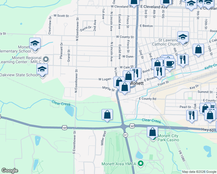 map of restaurants, bars, coffee shops, grocery stores, and more near 326 Myrtle Street in Monett