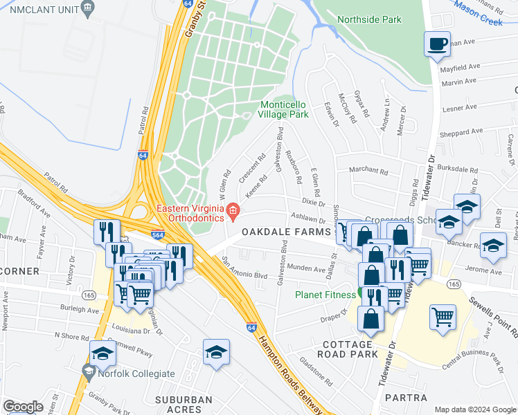 map of restaurants, bars, coffee shops, grocery stores, and more near 320 Ashlawn Drive in Norfolk