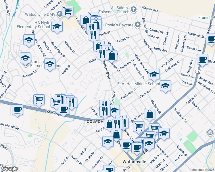 map of restaurants, bars, coffee shops, grocery stores, and more near 921 Freedom Boulevard in Watsonville