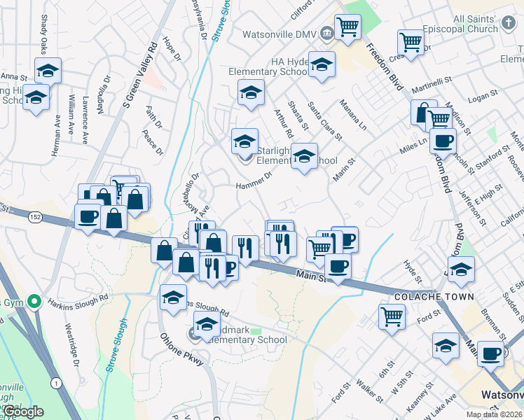 map of restaurants, bars, coffee shops, grocery stores, and more near 318 Pennsylvania Drive in Watsonville