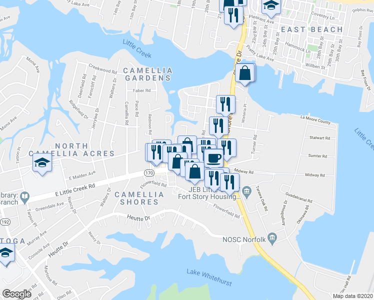 map of restaurants, bars, coffee shops, grocery stores, and more near 7940 Thompson Road in Norfolk