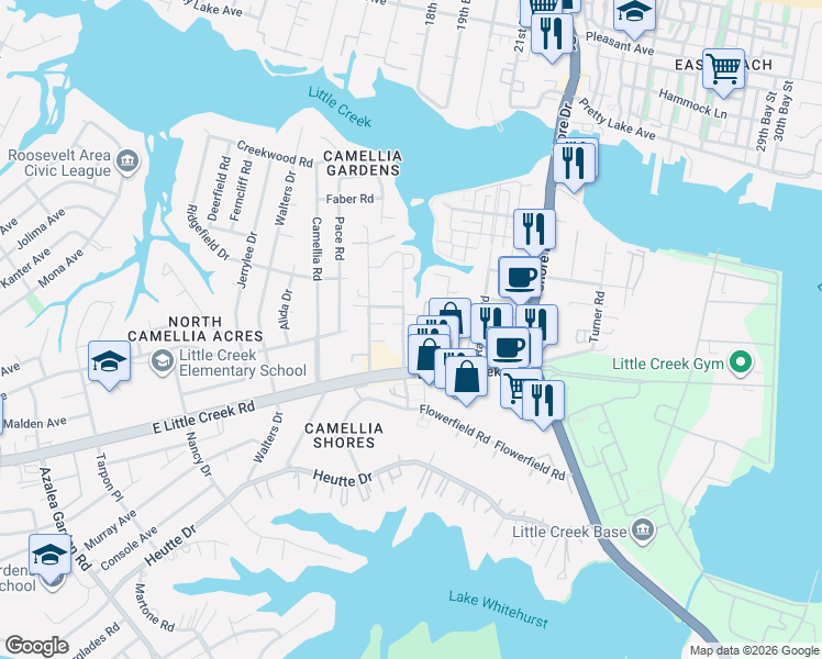 map of restaurants, bars, coffee shops, grocery stores, and more near 7940 Woodall Road in Norfolk